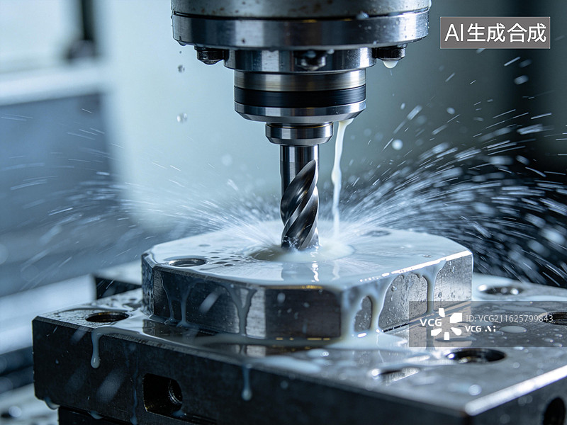 【AI数字艺术】数控机床钻头加工金属零件喷冷却液图片素材