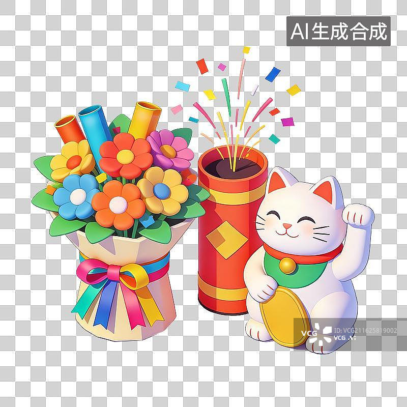 【AI数字艺术】礼花花篮招财猫节日插画图片素材