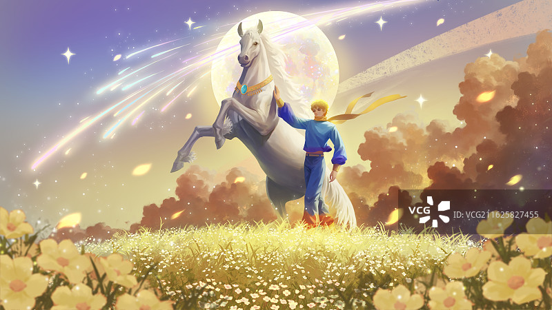 唯美治愈花海上的少年与白马图片素材