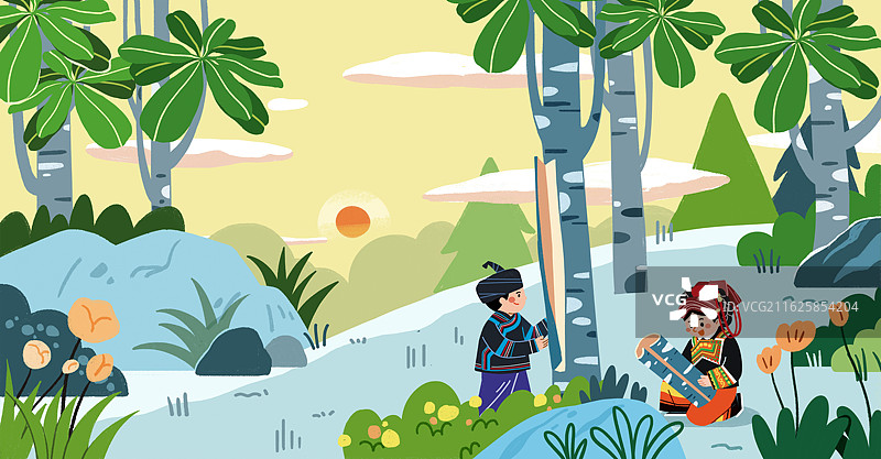 山上树从石头小径草丛路边小花Q版可爱人物概念扁平插画图片素材