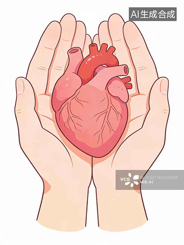 【AI数字艺术】纯白色背景下卡通手绘双手捧起呵护人体心脏器官，医疗健康心血管科宣传公益科普元素背景图片素材