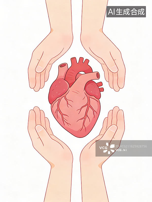 【AI数字艺术】纯白色背景下卡通手绘双手捧起呵护人体心脏器官，医疗健康心血管科宣传公益科普元素背景图片素材