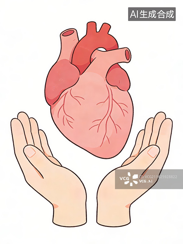 【AI数字艺术】纯白色背景下卡通手绘双手捧起呵护人体心脏器官，医疗健康心血管科宣传公益科普元素背景图片素材