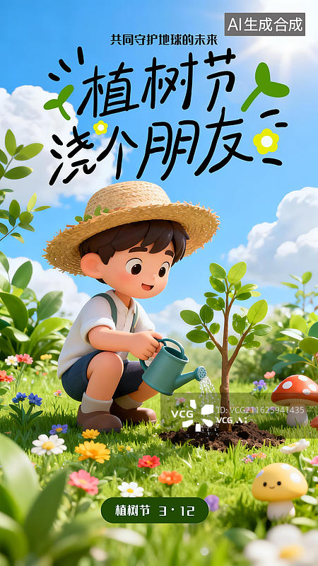 【AI数字艺术】3D 卡通风格 给树苗胶水 植树节竖版插画图片素材
