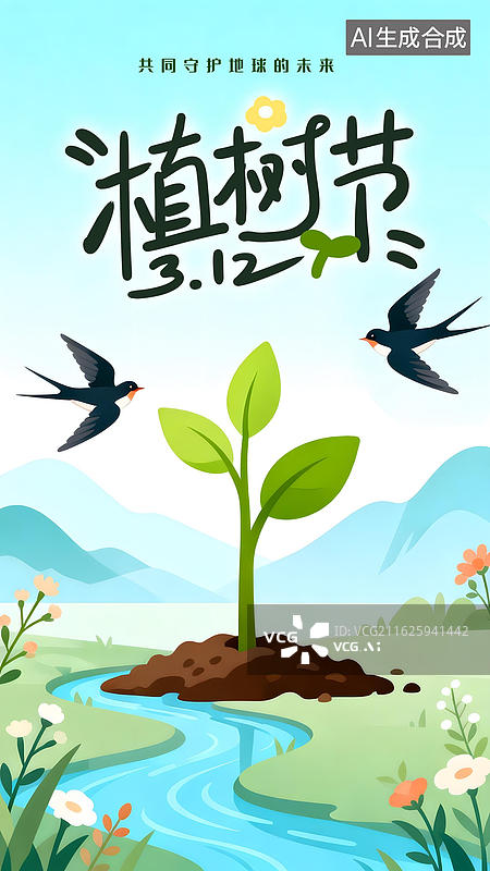 【AI数字艺术】清新扁平风格植树节竖版插画图片素材