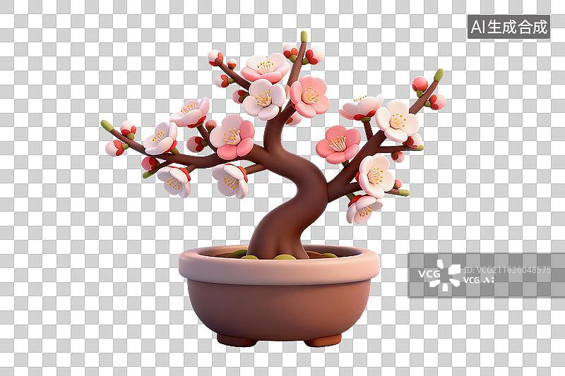 【AI数字艺术】卡通风格，一株盆栽植物梅花PNG格式的免扣元素图片素材