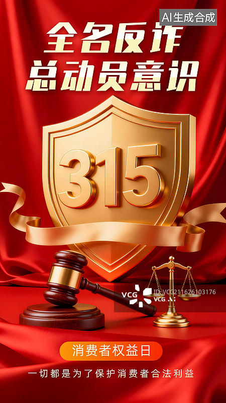 【AI数字艺术】红金质感反诈宣传竖版插画图片素材