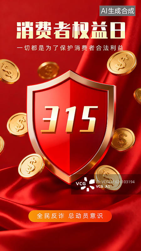 【AI数字艺术】红金质感反诈宣传竖版插画图片素材