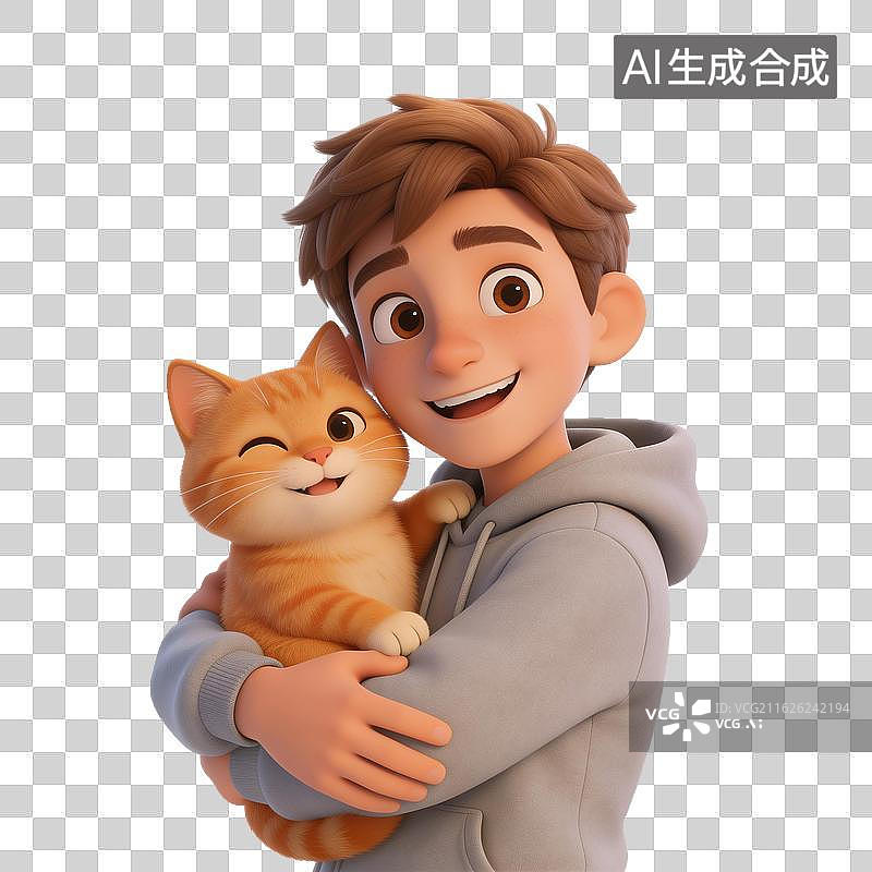 【AI数字艺术】[免抠PNG素材]男孩拥抱橘猫的温馨场景图片素材
