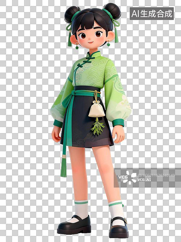 【AI数字艺术】绿衣双髻少女佩戴艾草香囊，身着国风裙装图片素材