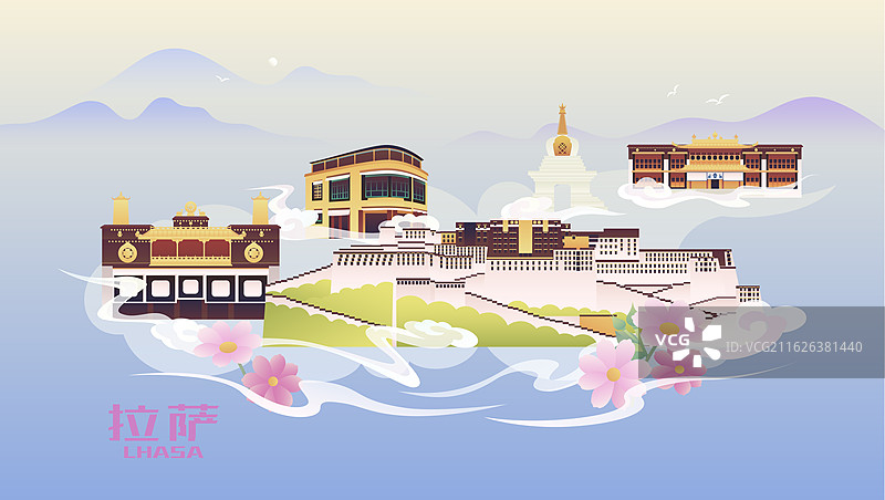 拉萨城市建筑风景插画图片素材