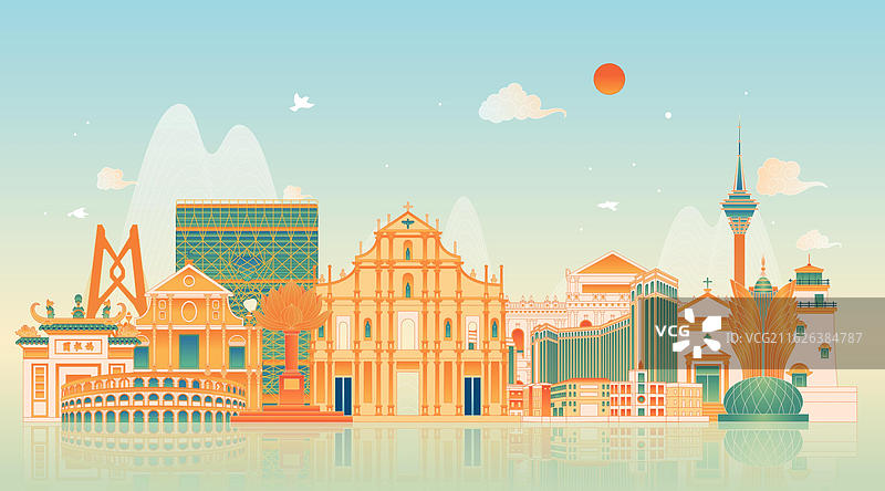 国潮风新中式澳门地标建筑矢量插画图片素材