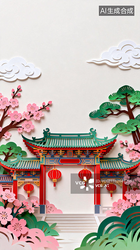 【AI数字艺术】中国风剪纸画楼阁桃花灯笼松树祥云图片素材