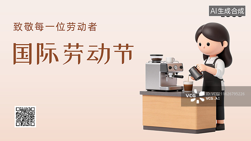 【AI数字艺术】3D卡通插画五一劳动节咖啡师职业人物形象海报格式设计文件图片素材
