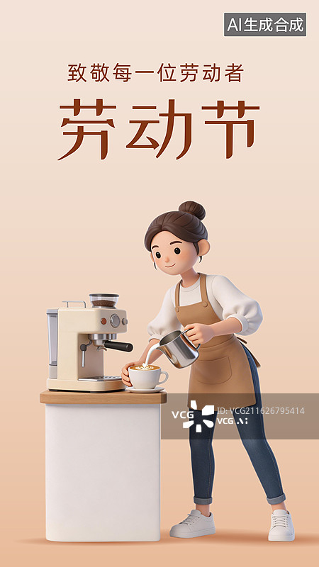 【AI数字艺术】3D卡通插画五一劳动节咖啡师职业人物形象海报格式设计文件图片素材