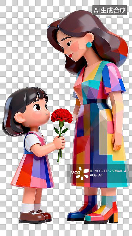 【AI数字艺术】女儿为妈妈送上康乃馨，妈妈温柔俯身图片素材