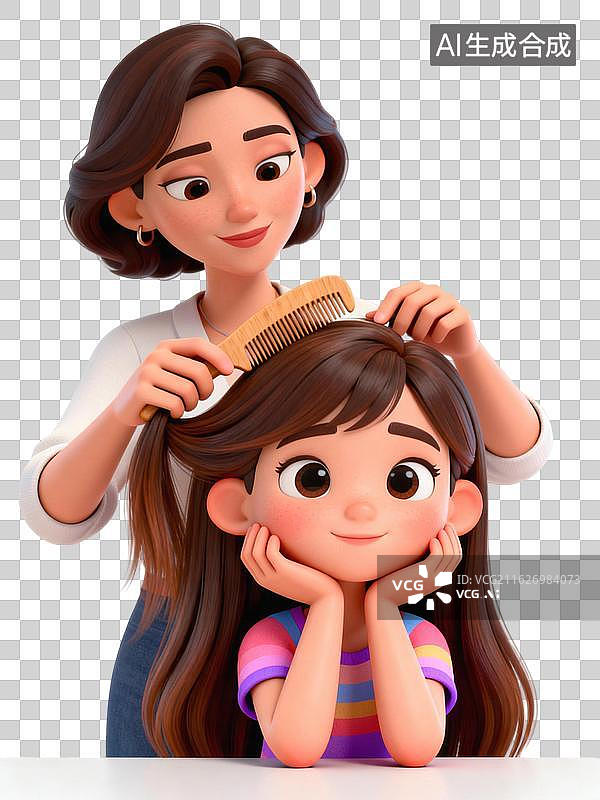 【AI数字艺术】妈妈为女儿梳头发，女儿托腮微笑图片素材