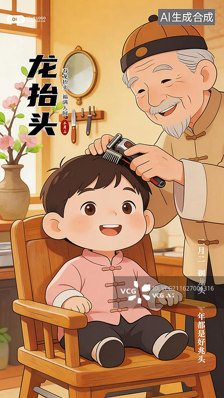 【AI数字艺术】龙抬头剃龙头国潮卡通海报图片素材