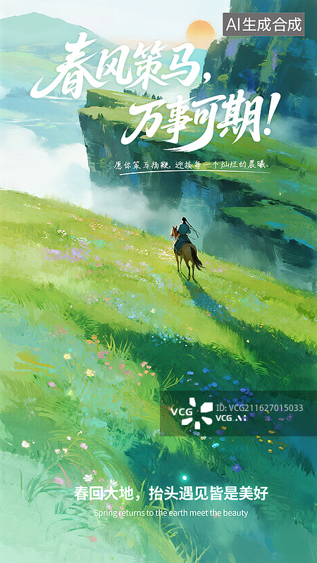 【AI数字艺术】二十四节气插画海报 春风策马，万事可期， 悬崖上骑马的人 古风武侠游戏概念场景 站在山顶上的诗人竖版图片素材