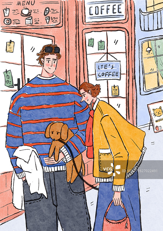 街边咖啡店门口的情侣和小狗图片素材