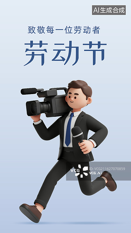 【AI数字艺术】五一劳动节，记者采访新闻时事卡通3D插画设计模板图片素材