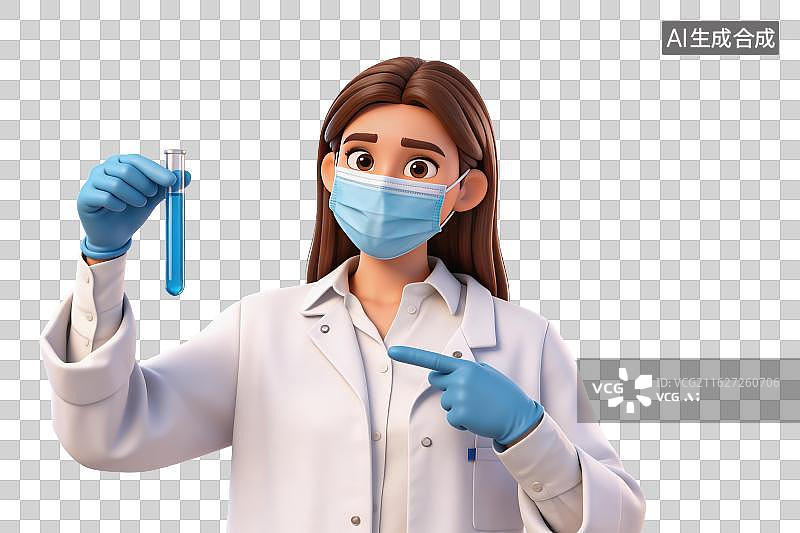 【AI数字艺术】女科学家戴口罩持试管指样本图片素材