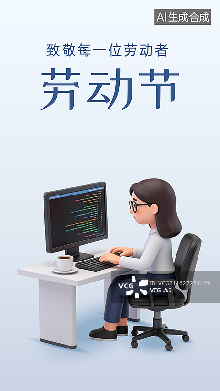 【AI数字艺术】五一国际劳动节程序员白领职场工作人员插画海报格式设计模板图片素材