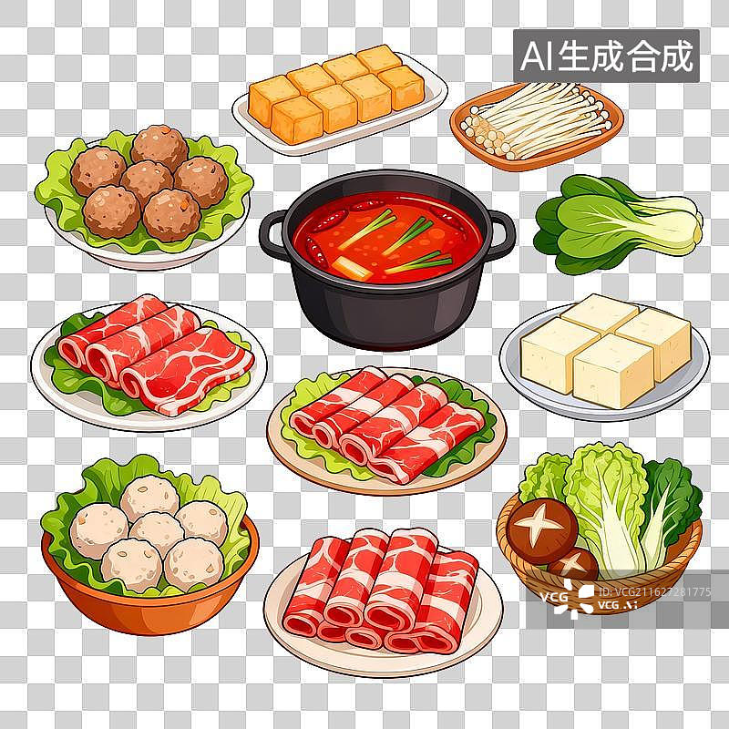 【AI数字艺术】火锅食材组合插画包含牛肉卷豆腐丸子蔬菜图片素材