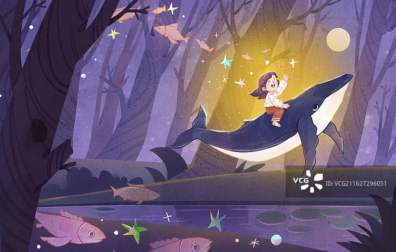 手绘水彩女孩骑着鲸鱼星空梦幻治愈系横图插画图片素材