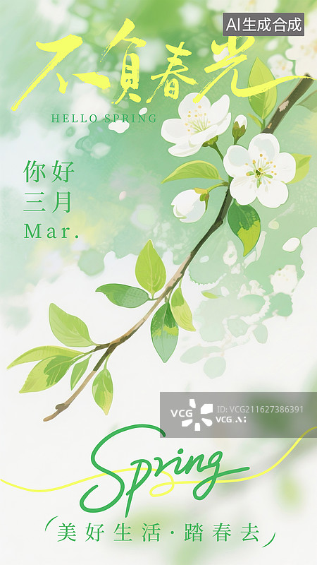 【AI数字艺术】你好春天踏春春日春分梨花树枝海报图片素材