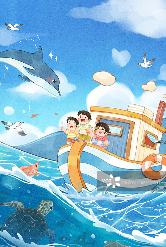 手绘水彩夏季儿童航海与鱼动物探险治愈系竖图插画图片素材