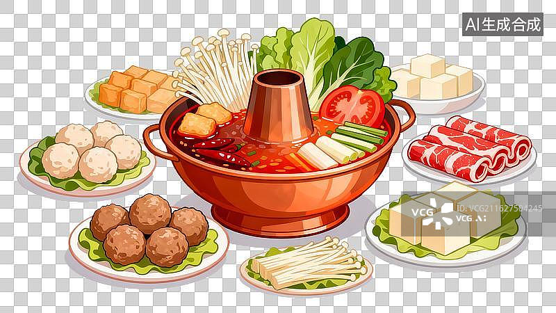 【AI数字艺术】铜锅火锅配多种食材摆盘插画图片素材