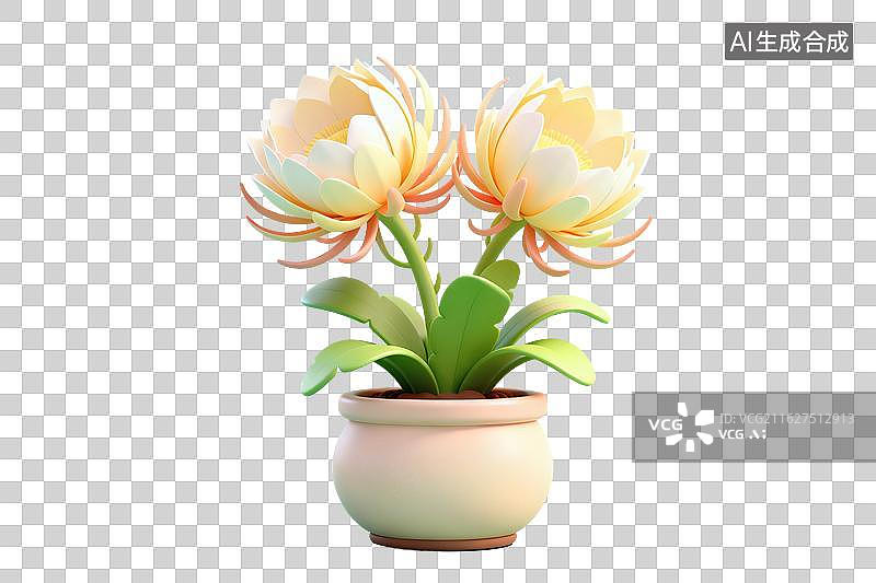 【AI数字艺术】卡通风格，盆栽昙花PNG格式的免扣元素图片素材