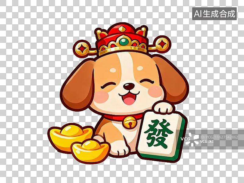 【AI数字艺术】戴皇冠小狗手持金元宝麻将牌图片素材