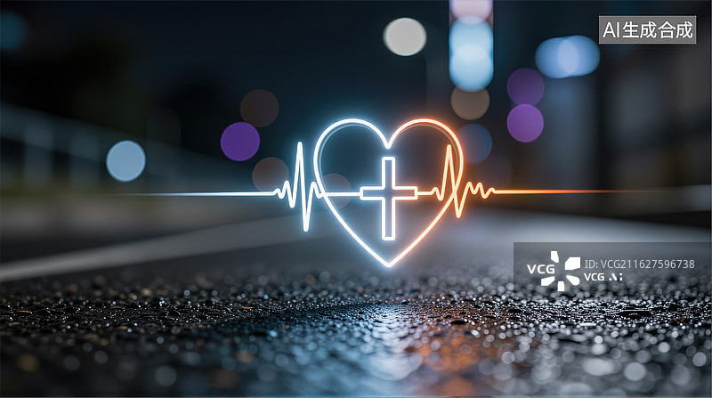 【AI数字艺术】城市夜景中的心跳心电图与发光心脏符号图片素材
