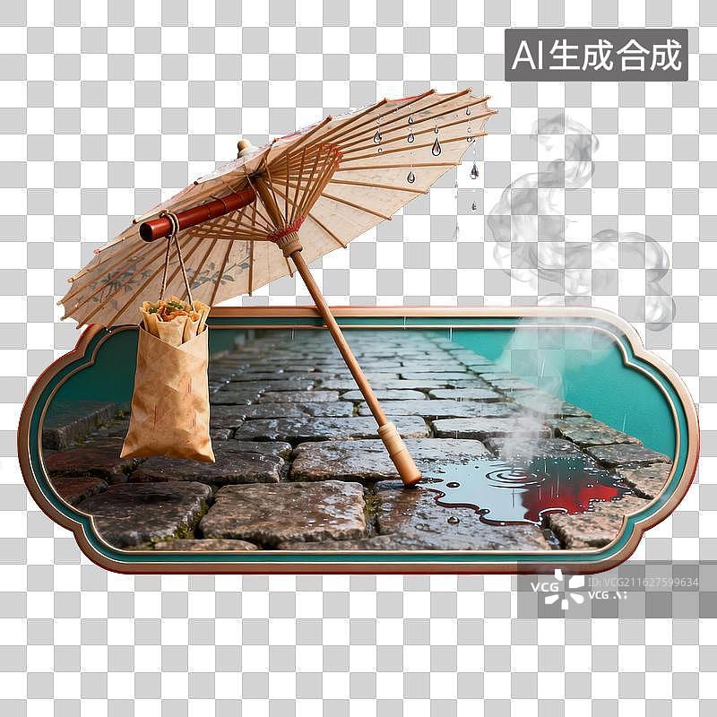 【AI数字艺术】雨中油纸伞下悬挂的热食包裹图片素材