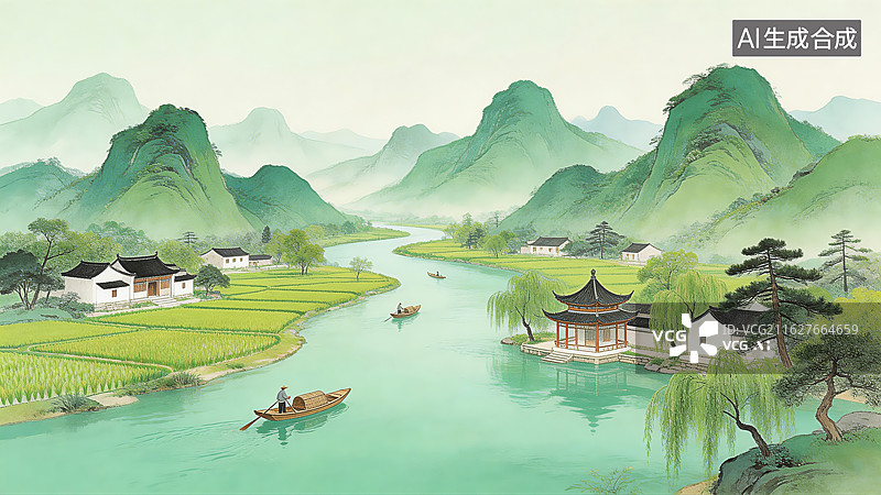 【AI数字艺术】国风水墨青绿山水江南风景插画图片素材