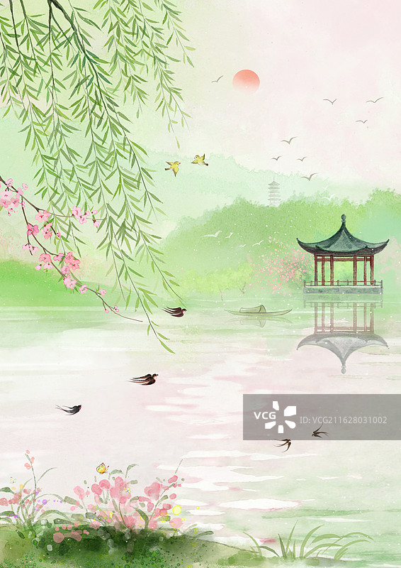 手绘中国风小清新水彩风格山水风景插画图片素材