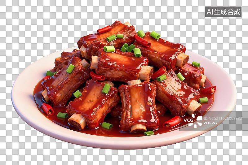【AI数字艺术】卡通风格，一盘美味的红烧排骨，上面撒着葱花PNG格式的免扣元素图片素材