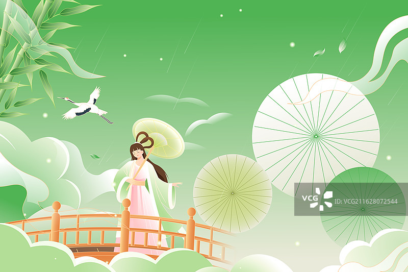 卡通春季春天清明节气踏青旅游出游家人亲子女孩古建筑风光自然风景渐变中国风国潮矢量插画图片素材