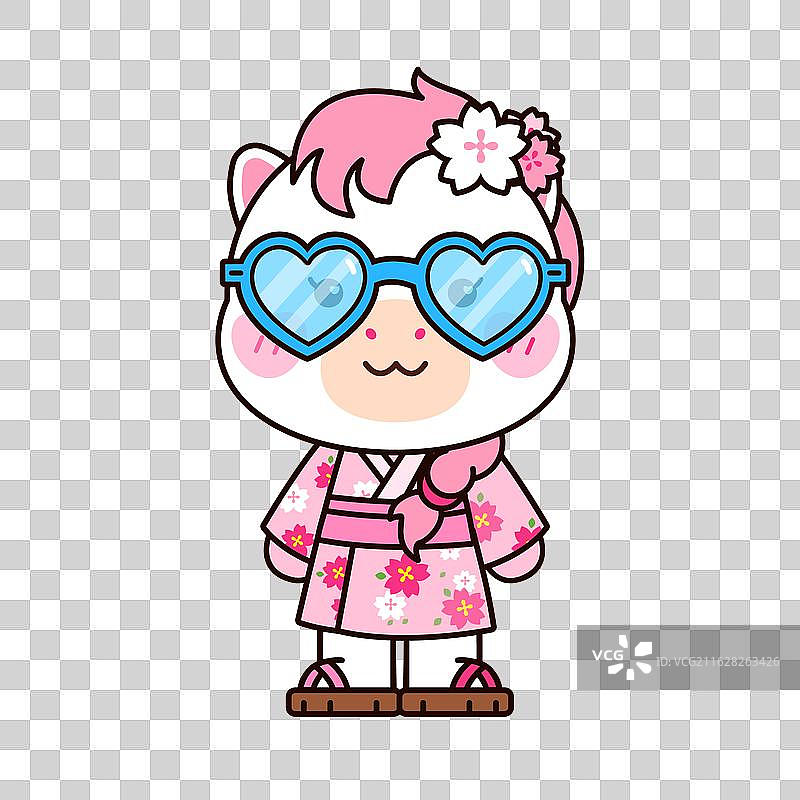 萌马女孩和服樱花日系插画图片素材