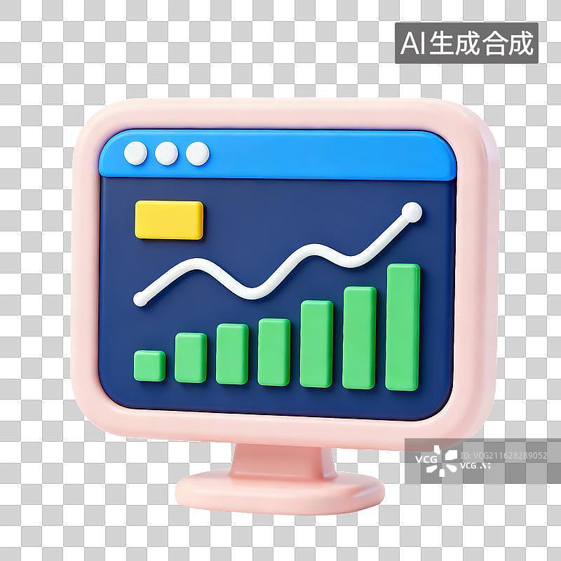 【AI数字艺术】3D卡通数据可视化电脑屏幕呈现上升折线图与递增柱状图数据分析趋势增长业绩监控与商业洞察元素图片素材