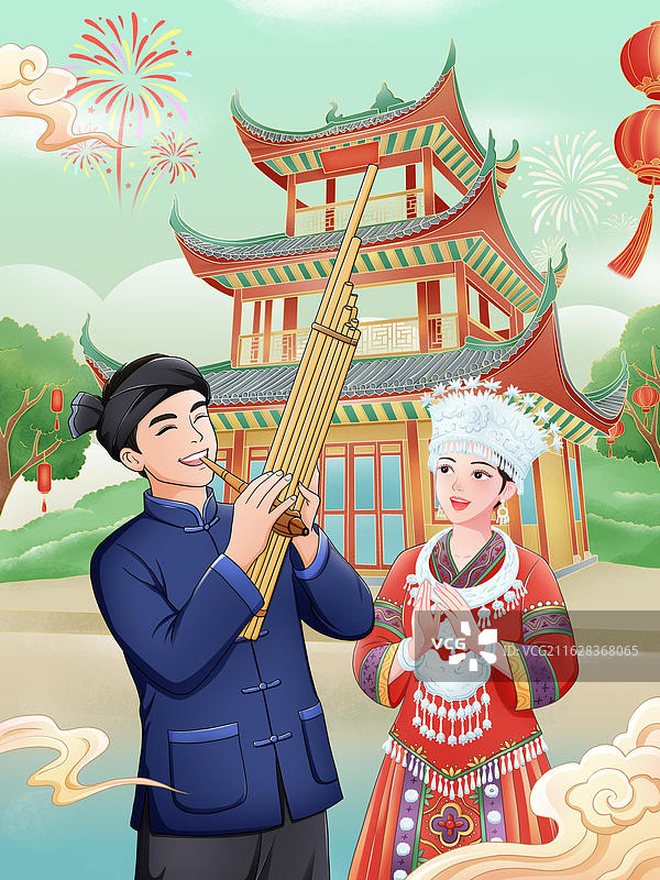 黔城芙蓉楼三月三上巳节苗族侗族少数民族国风插画图片素材