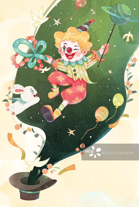 手绘水彩帽子小丑愚人节元素组合治愈竖图插画图片素材