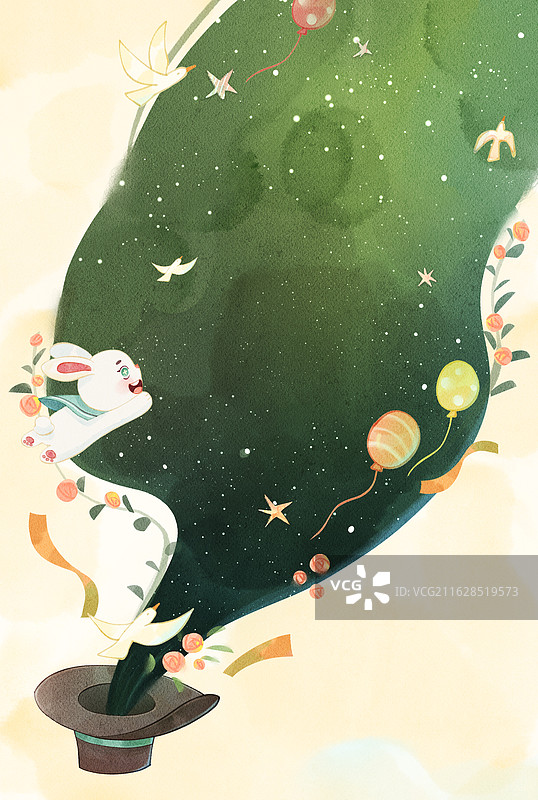 手绘水彩帽子绿色星空花朵星星竖图背景图片素材