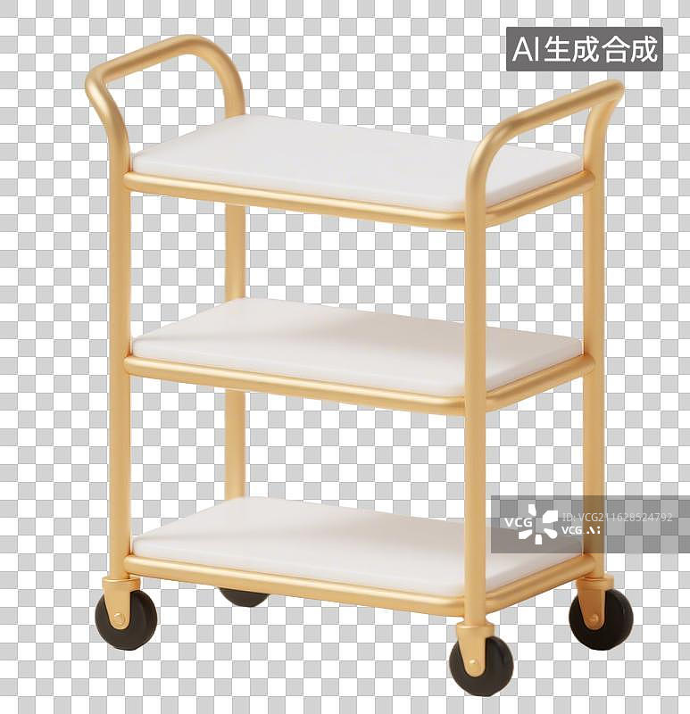 【AI数字艺术】3D卡通金色金属三层移动置物架带四个黑色滚轮便捷收纳灵活移动元素图片素材