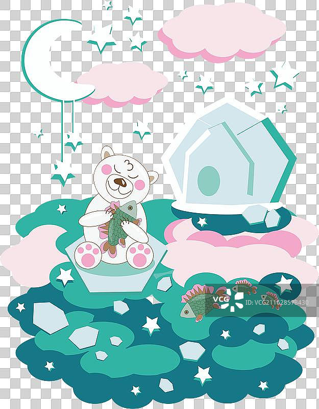 北极熊幼崽在浮冰上靠近水边，旁边有鱼图片素材