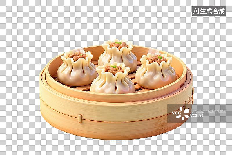 【AI数字艺术】卡通风格，蒸笼中美味的烧麦PNG格式的免扣元素图片素材
