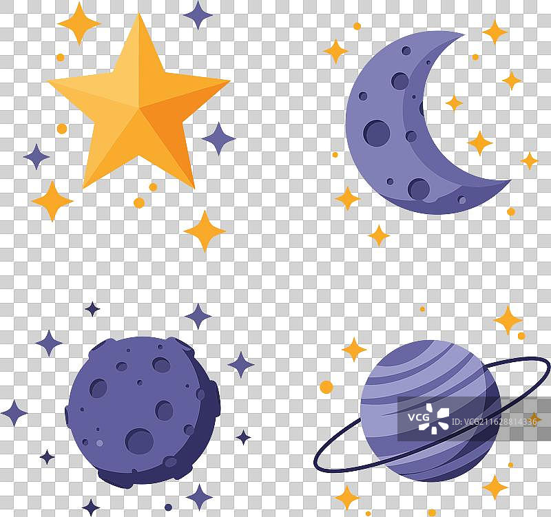 太空主题扁平化设计，包含星星、月亮和陨石图片素材