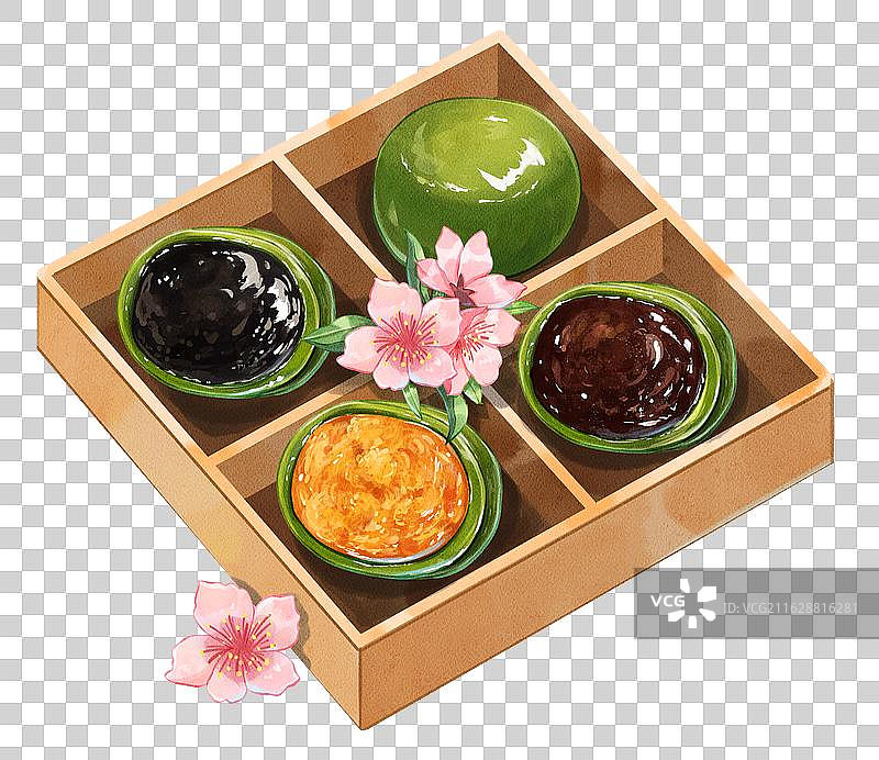 手绘水彩寒食节几个青团口味叶子桃花格子点心免抠元素图片素材